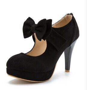 Women's Black Bow Mary Jane High Heel Closed Toe Platform Dress Pumps